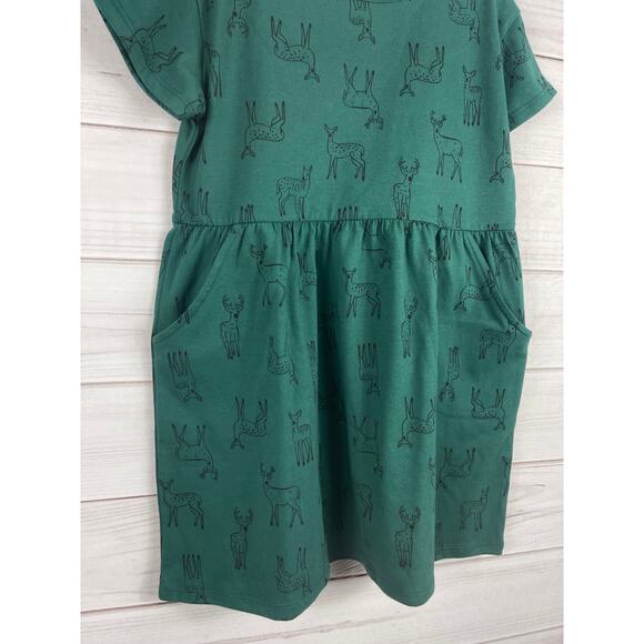 Cat and Jack Girls Dress Green Deer Short Sleeve Knee Length Pockets S 6/7 - Picture 2 of 4